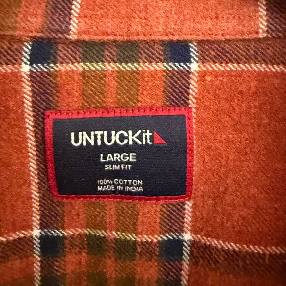 UNTUCKit Regner Slim Fit Flannel Shirt Large Orange Plaid Cotton Fall 2023 - Picture 4 of 10